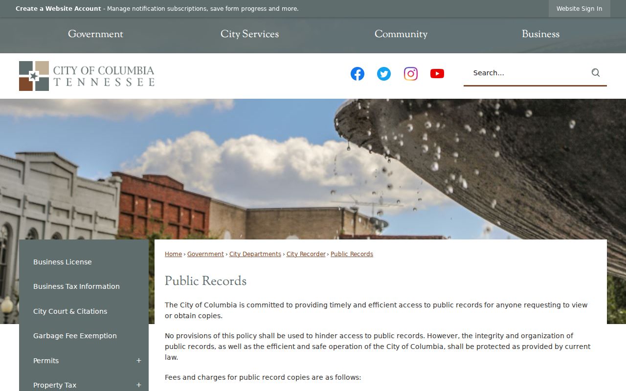 Columbia public records request policy and city access page